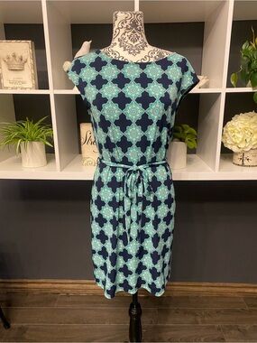 Banana Republic Navy and Aqua Patterned Belted Midi Lightweight Dress Size M